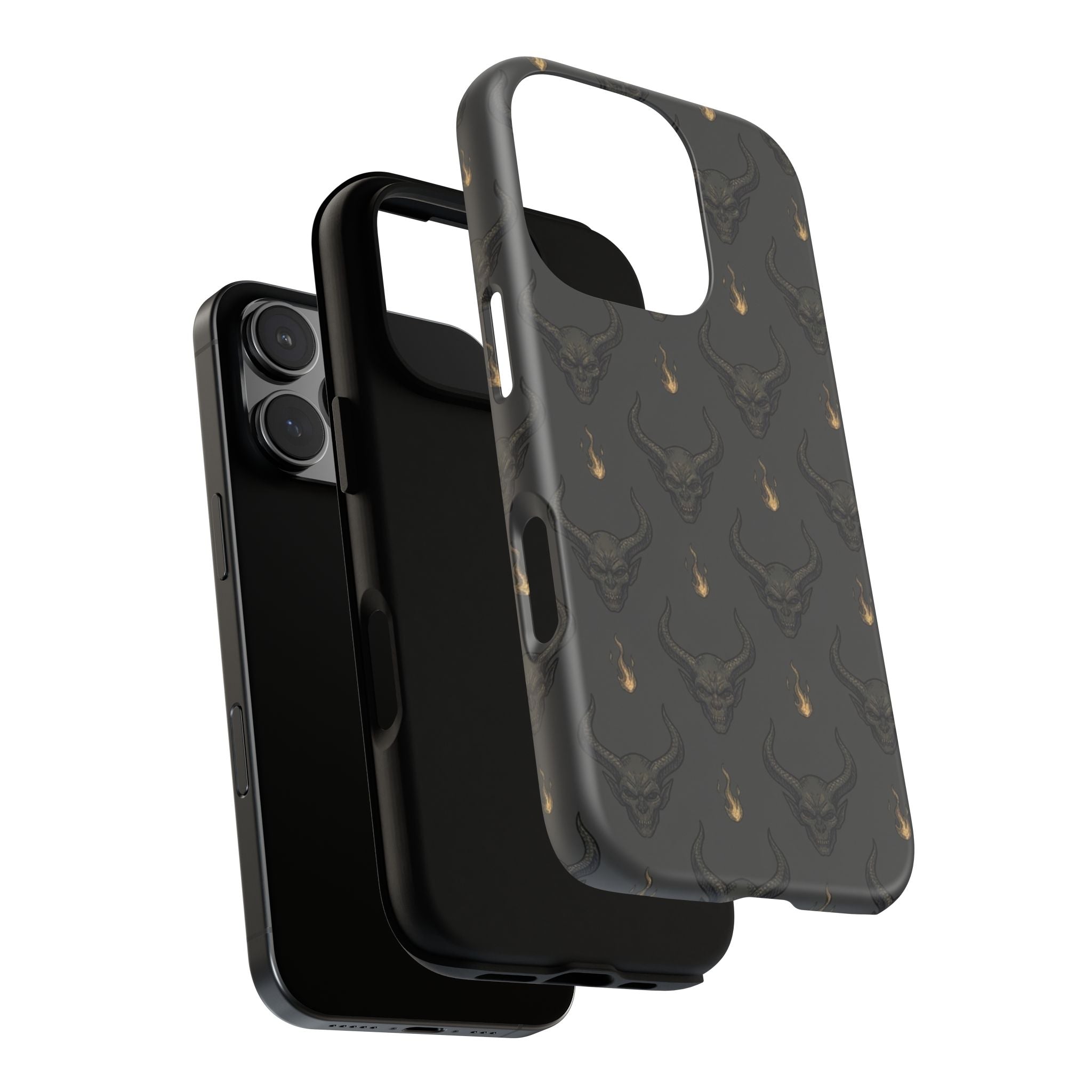 Dark Skull Pattern Phone Case — Gothic Bull Skull with Tiny Flame Accent