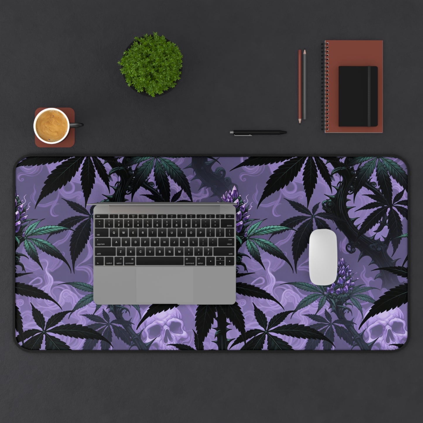 Purple Cannabis Leaf Desk Mat — Gothic Skull & Bud Gaming Mouse Pad