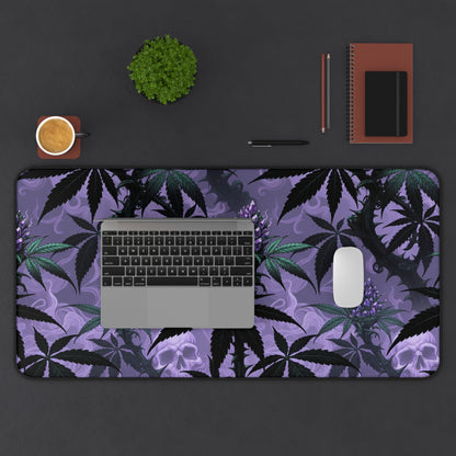 Purple Cannabis Leaf Desk Mat — Gothic Skull & Bud Gaming Mouse Pad
