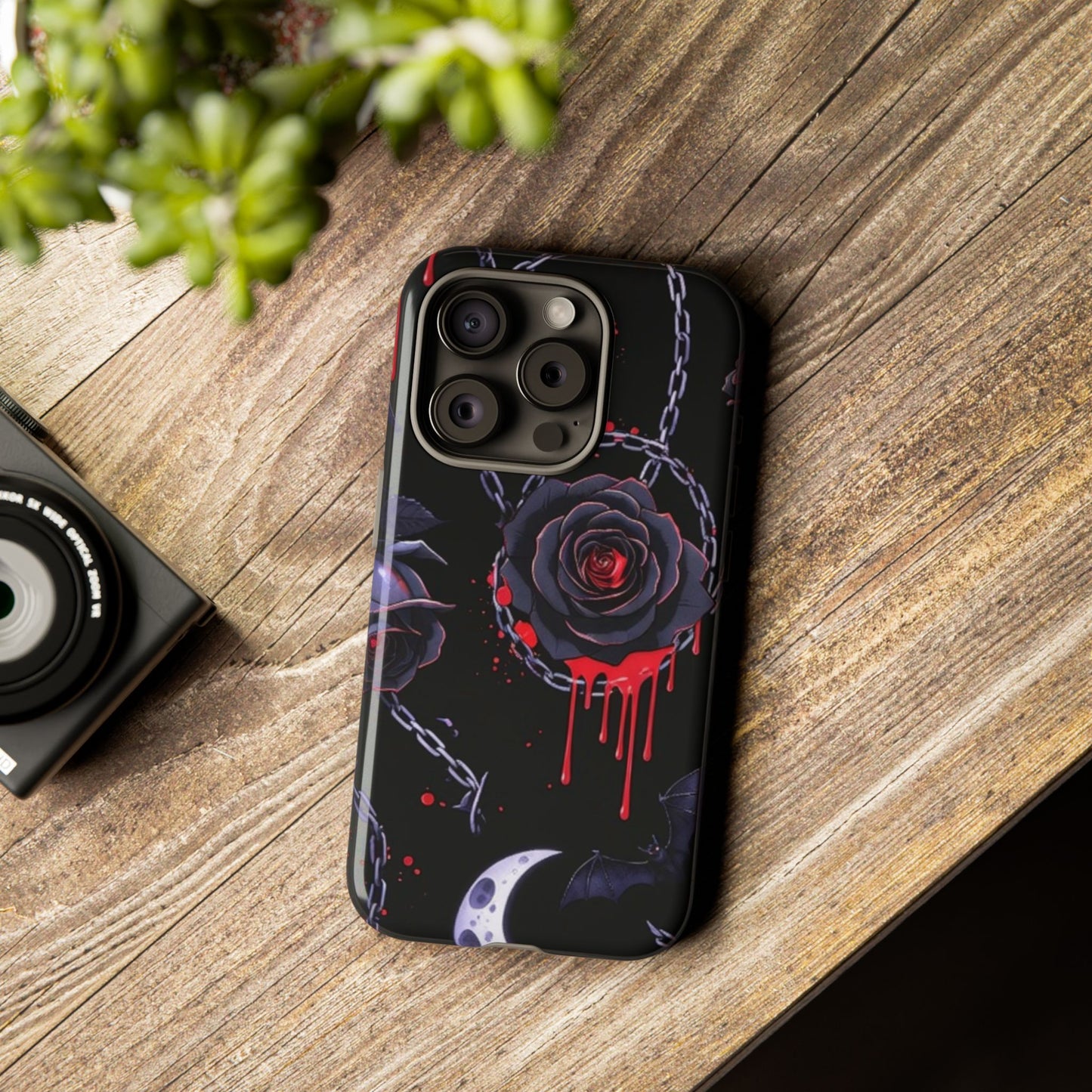 Phone Case — Gothic Dripping Black Rose & Moon Protective Case