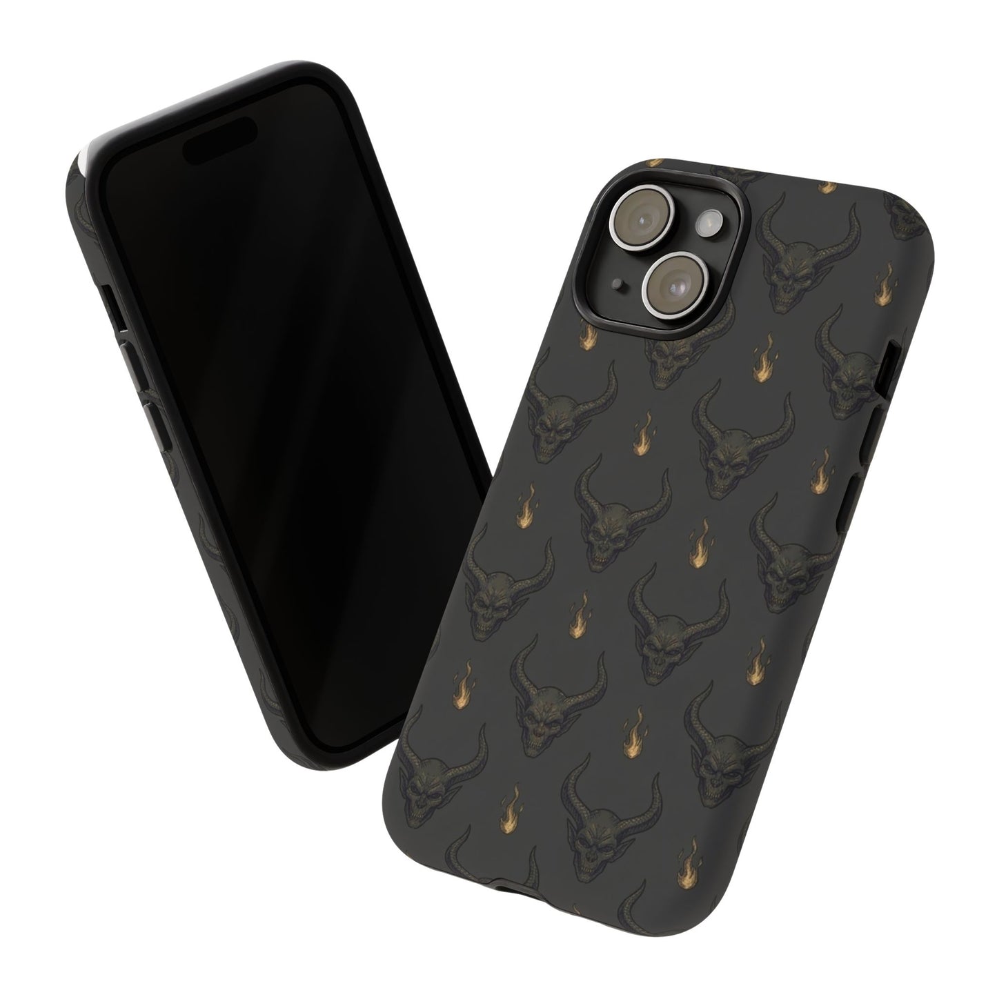 Dark Skull Pattern Phone Case — Gothic Bull Skull with Tiny Flame Accent