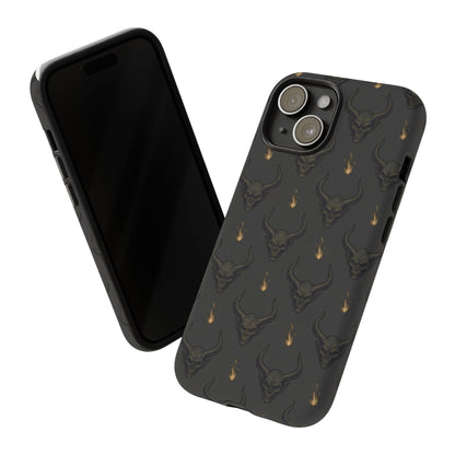 Dark Skull Pattern Phone Case — Gothic Bull Skull with Tiny Flame Accent