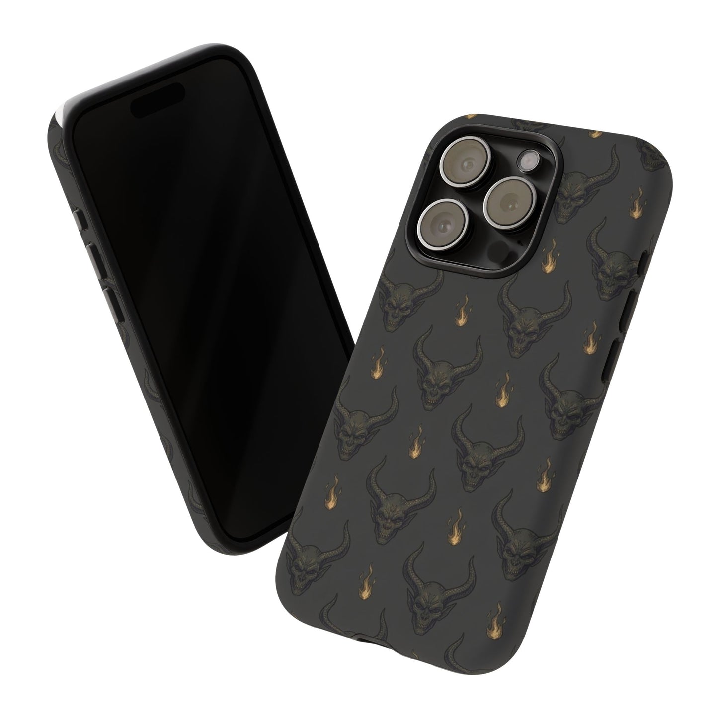 Dark Skull Pattern Phone Case — Gothic Bull Skull with Tiny Flame Accent