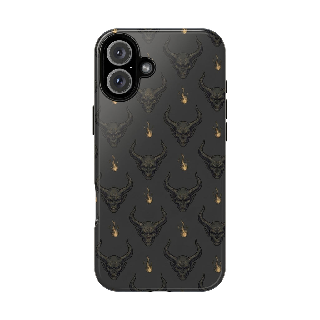 Dark Skull Pattern Phone Case — Gothic Bull Skull with Tiny Flame Accent