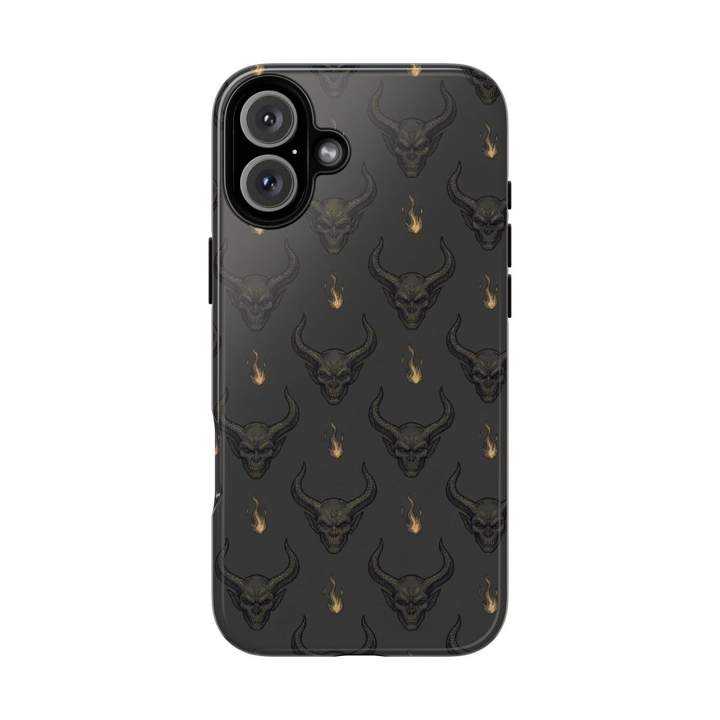 Dark Skull Pattern Phone Case — Gothic Bull Skull with Tiny Flame Accent