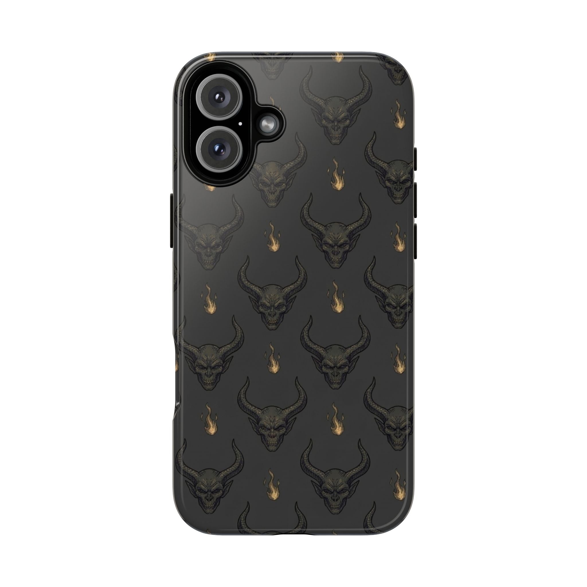 Dark Skull Pattern Phone Case — Gothic Bull Skull with Tiny Flame Accent