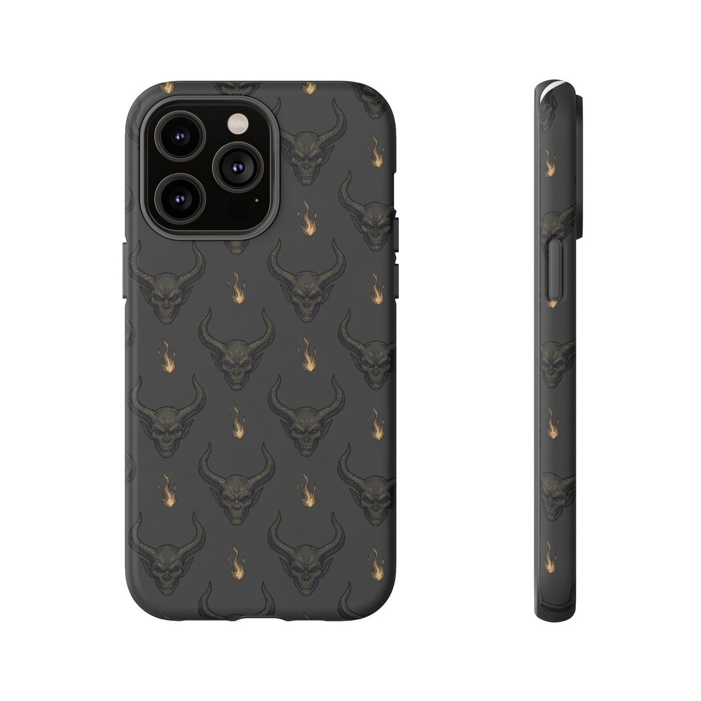 Dark Skull Pattern Phone Case — Gothic Bull Skull with Tiny Flame Accent