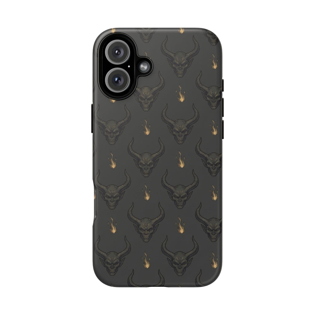 Dark Skull Pattern Phone Case — Gothic Bull Skull with Tiny Flame Accent
