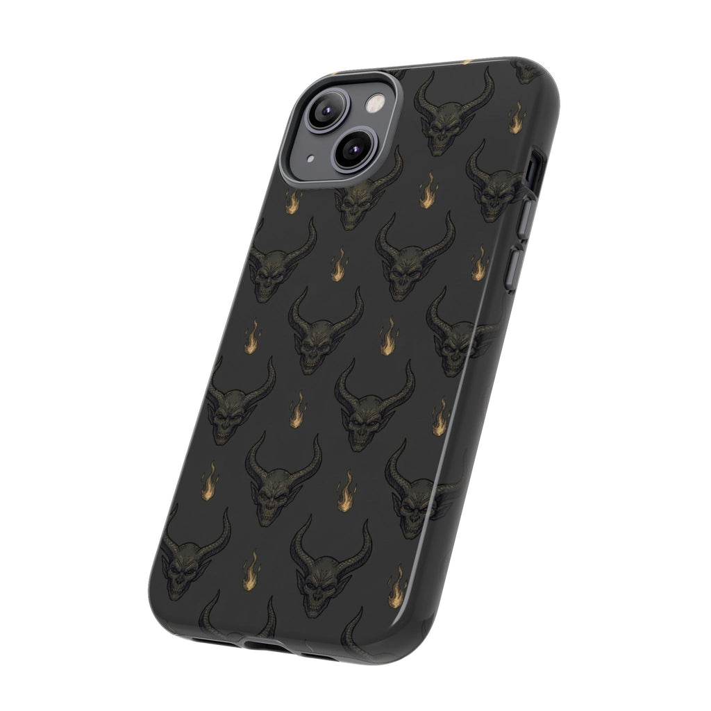 Dark Skull Pattern Phone Case — Gothic Bull Skull with Tiny Flame Accent