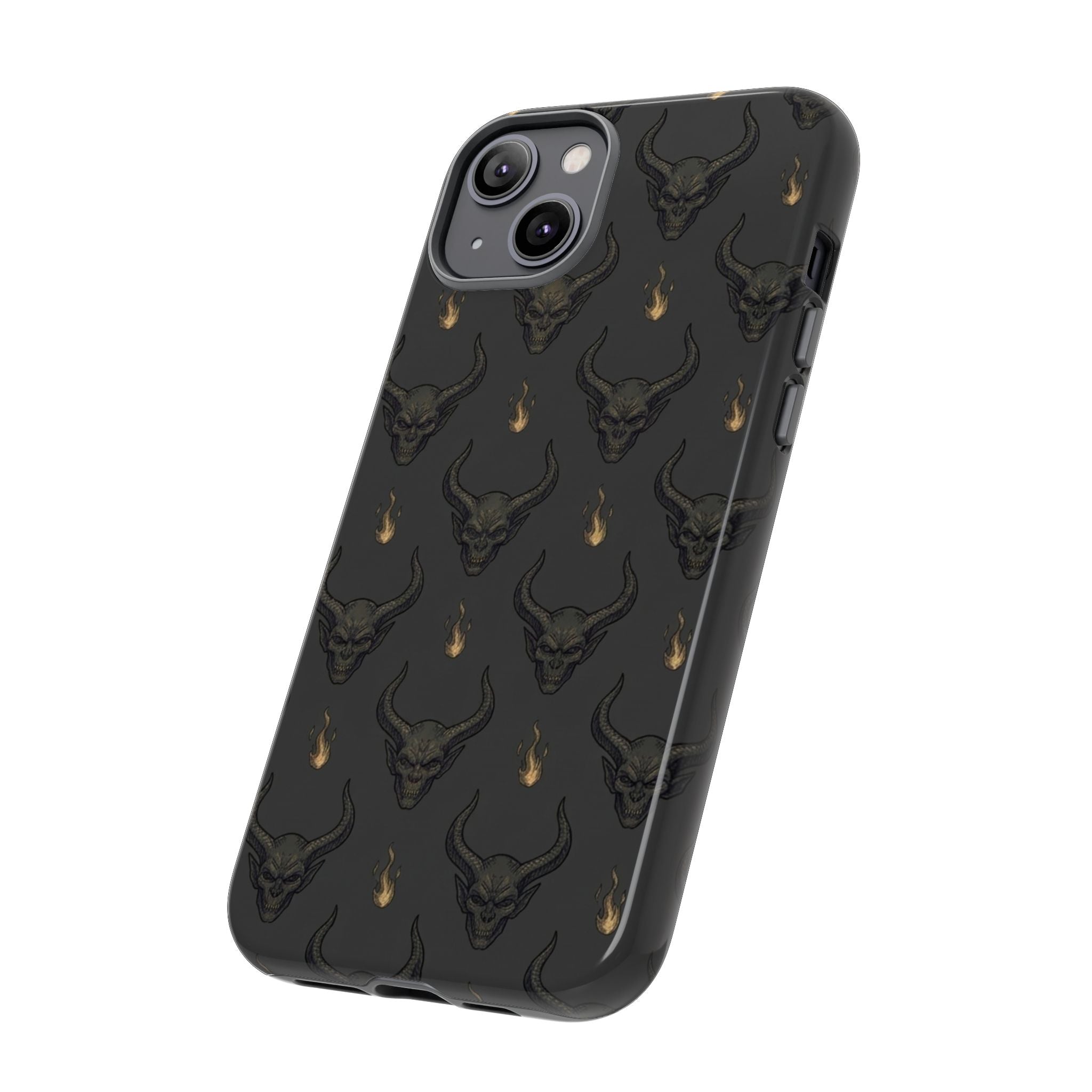 Dark Skull Pattern Phone Case — Gothic Bull Skull with Tiny Flame Accent