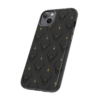 Dark Skull Pattern Phone Case — Gothic Bull Skull with Tiny Flame Accent