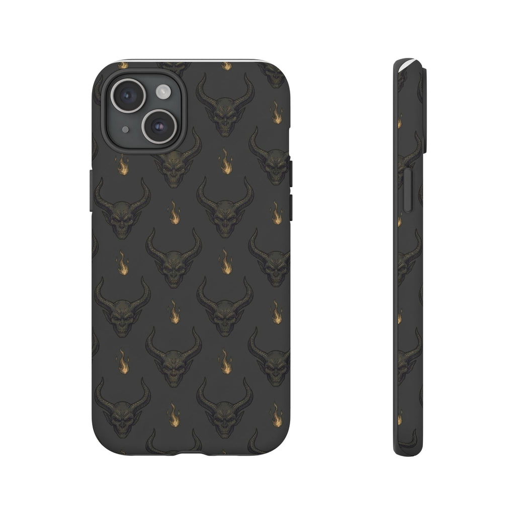 Dark Skull Pattern Phone Case — Gothic Bull Skull with Tiny Flame Accent