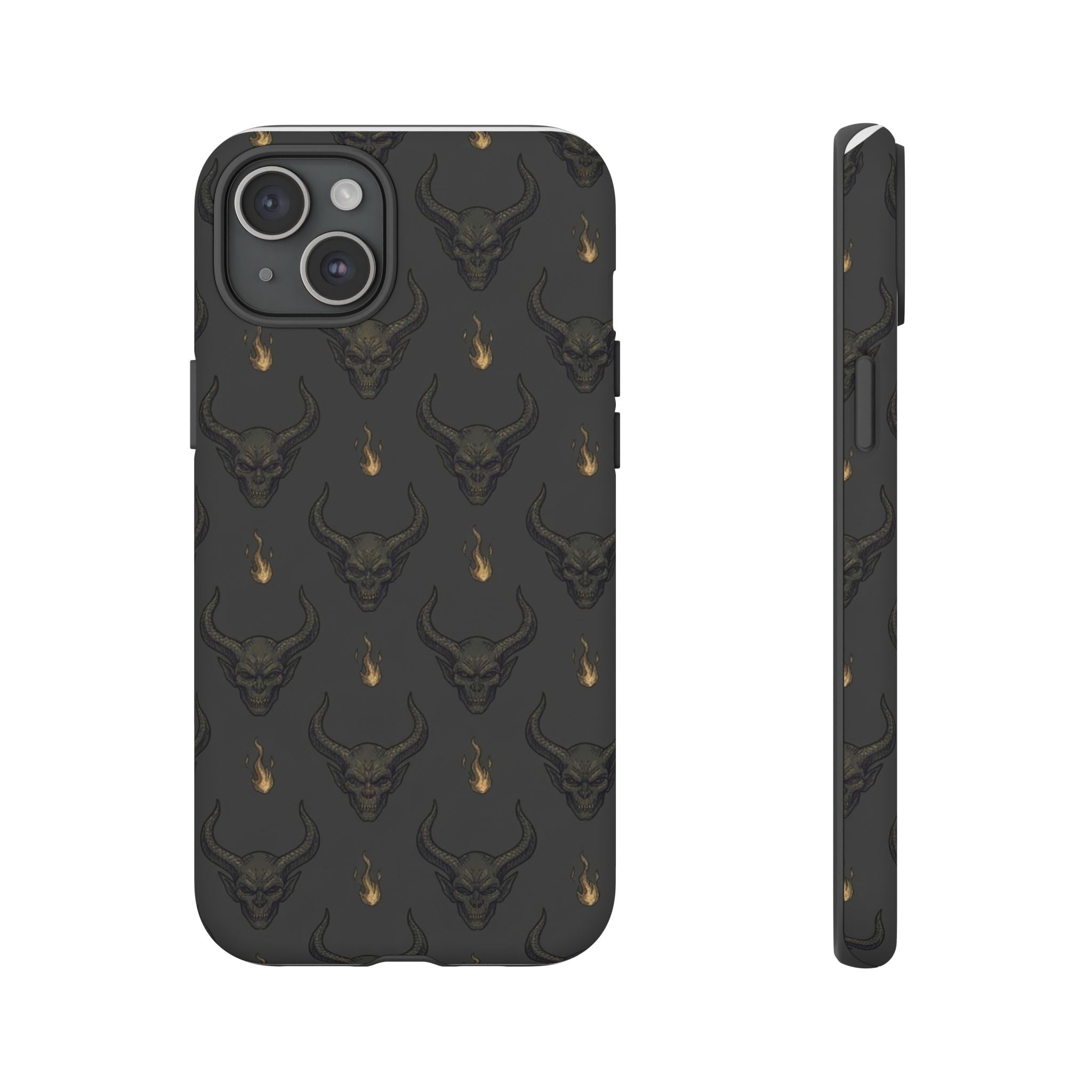 Dark Skull Pattern Phone Case — Gothic Bull Skull with Tiny Flame Accent