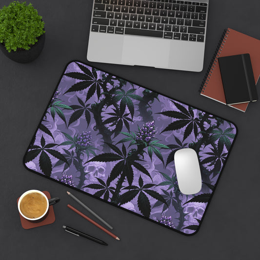 Purple Cannabis Leaf Desk Mat — Gothic Skull & Bud Gaming Mouse Pad
