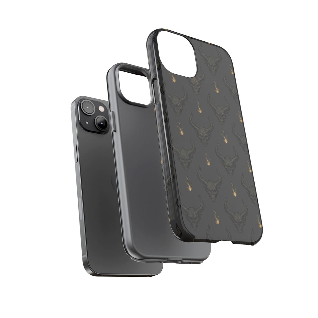 Dark Skull Pattern Phone Case — Gothic Bull Skull with Tiny Flame Accent