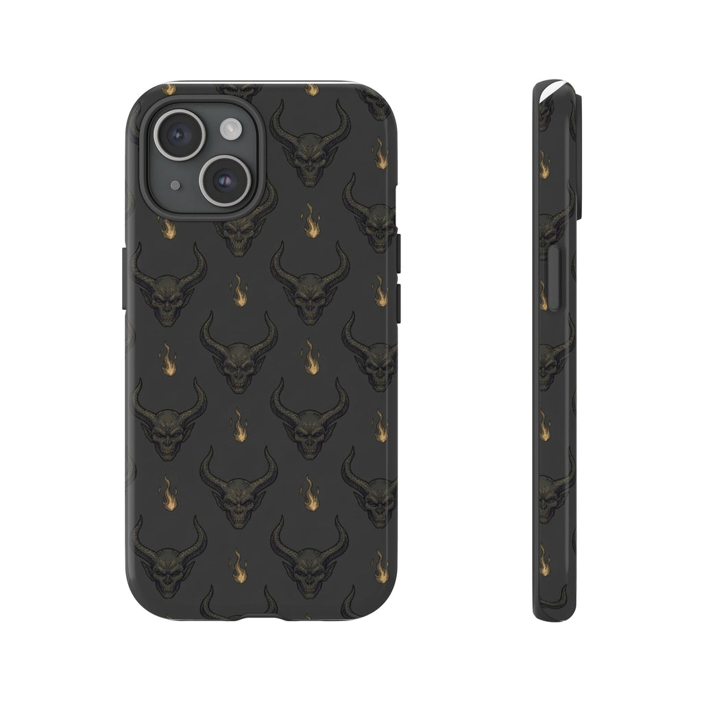 Dark Skull Pattern Phone Case — Gothic Bull Skull with Tiny Flame Accent