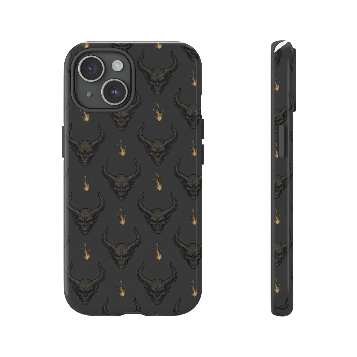 Dark Skull Pattern Phone Case — Gothic Bull Skull with Tiny Flame Accent