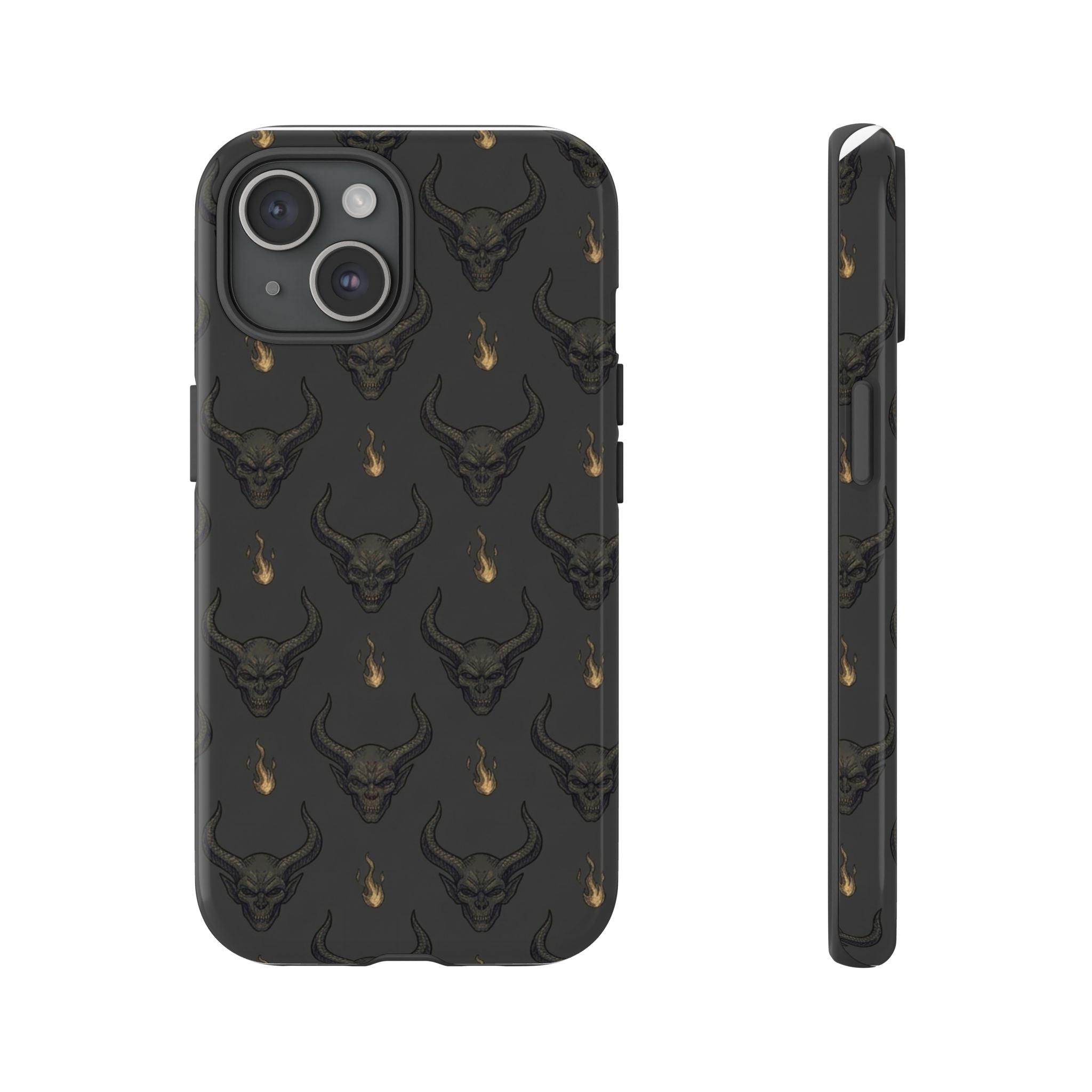 Dark Skull Pattern Phone Case — Gothic Bull Skull with Tiny Flame Accent