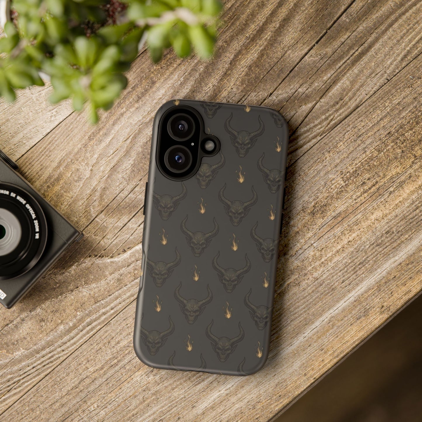 Dark Skull Pattern Phone Case — Gothic Bull Skull with Tiny Flame Accent