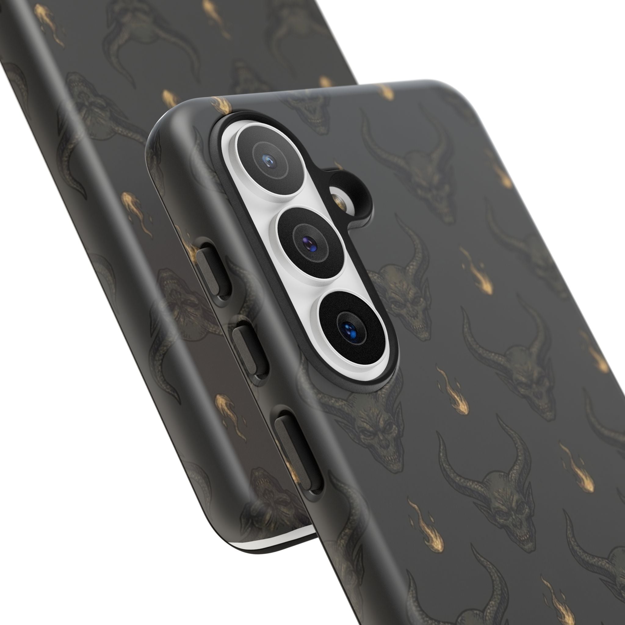 Dark Skull Pattern Phone Case — Gothic Bull Skull with Tiny Flame Accent