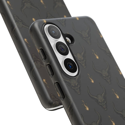 Dark Skull Pattern Phone Case — Gothic Bull Skull with Tiny Flame Accent