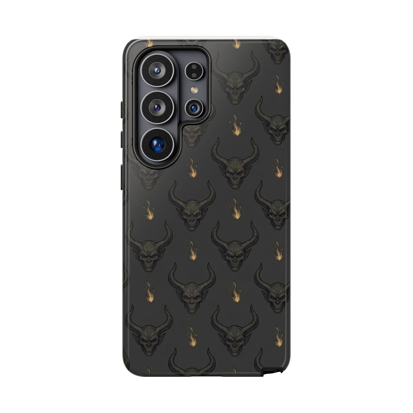 Dark Skull Pattern Phone Case — Gothic Bull Skull with Tiny Flame Accent
