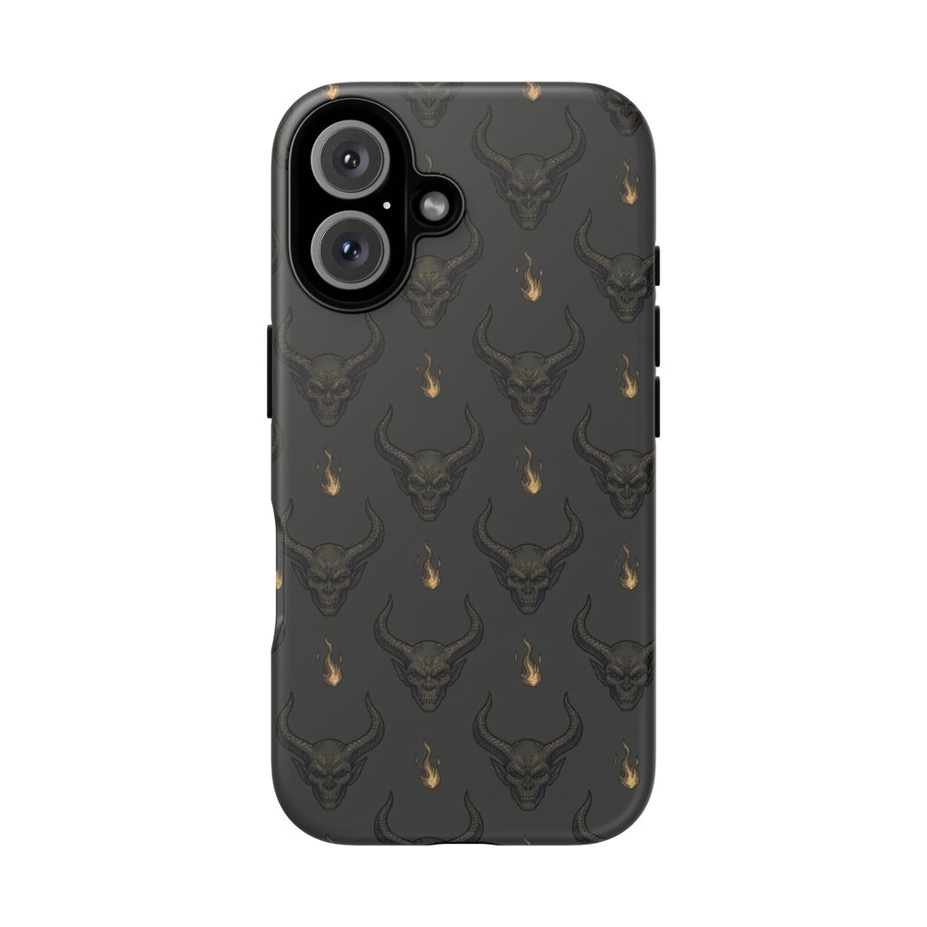 Dark Skull Pattern Phone Case — Gothic Bull Skull with Tiny Flame Accent