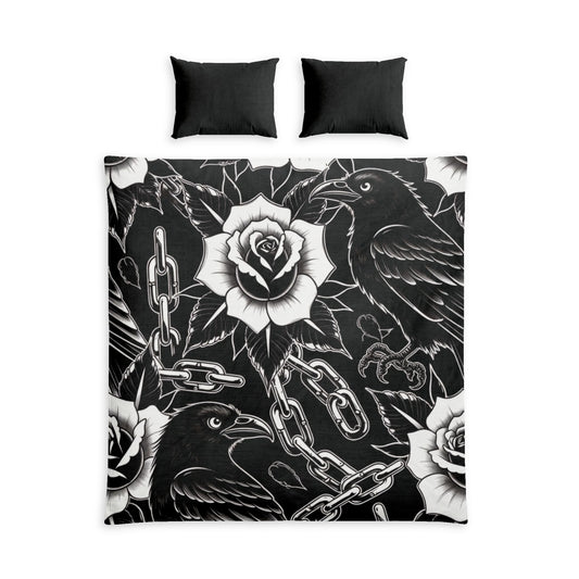 Gothic Raven & Rose Cotton Bed Set — Black White Floral Chains Duvet