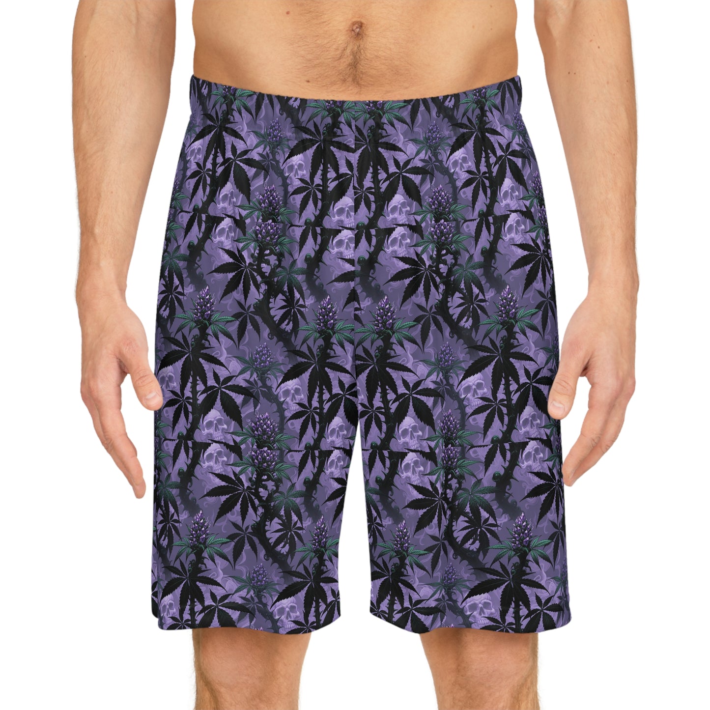 Purple Cannabis Leaf All-Over Print Basketball Shorts — Floral Stoner Pattern