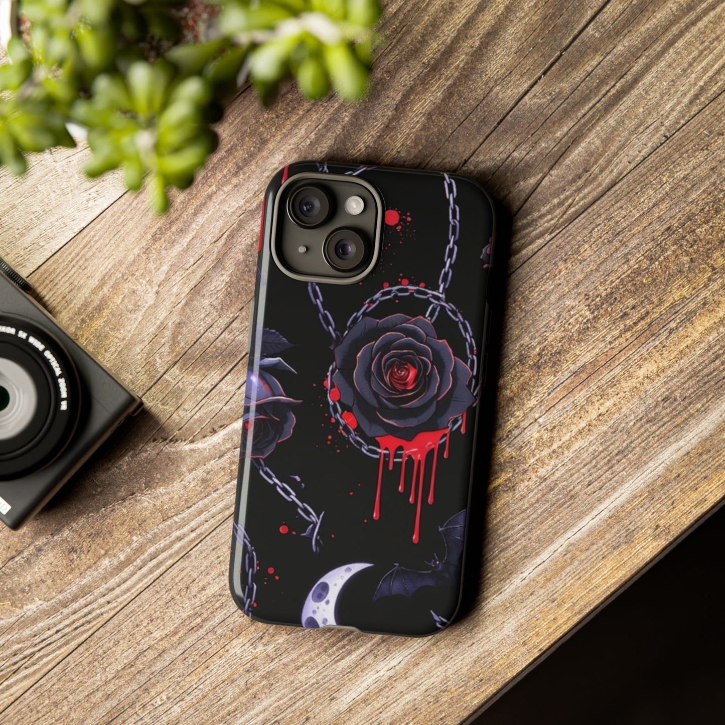 Phone Case — Gothic Dripping Black Rose & Moon Protective Case