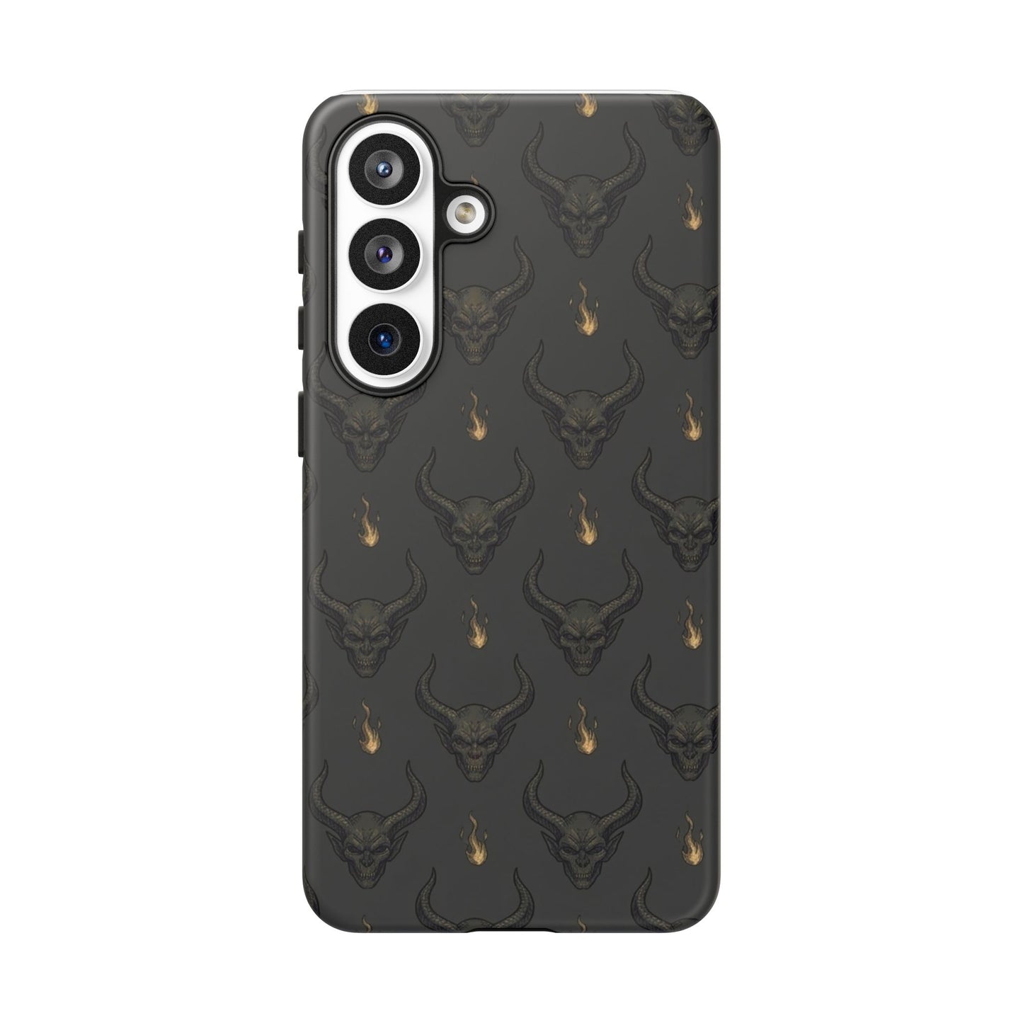 Dark Skull Pattern Phone Case — Gothic Bull Skull with Tiny Flame Accent
