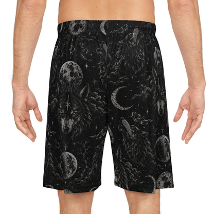 Witchy Moon & Wolf Basketball Shorts — Gothic All-Over Print