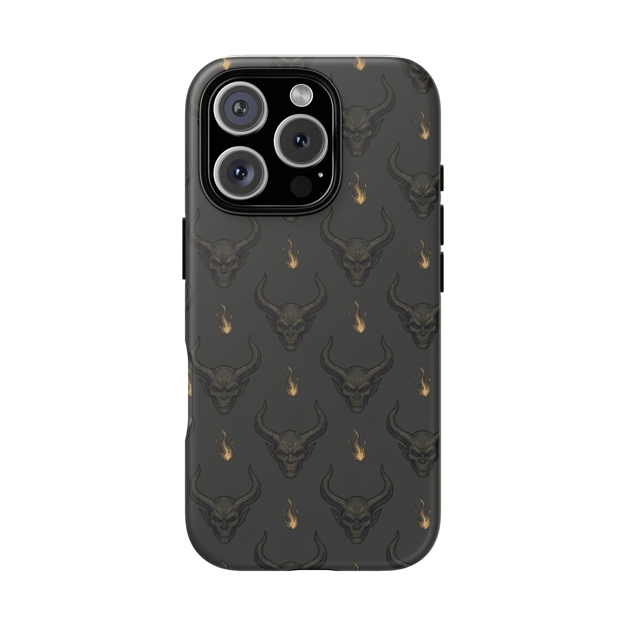 Dark Skull Pattern Phone Case — Gothic Bull Skull with Tiny Flame Accent