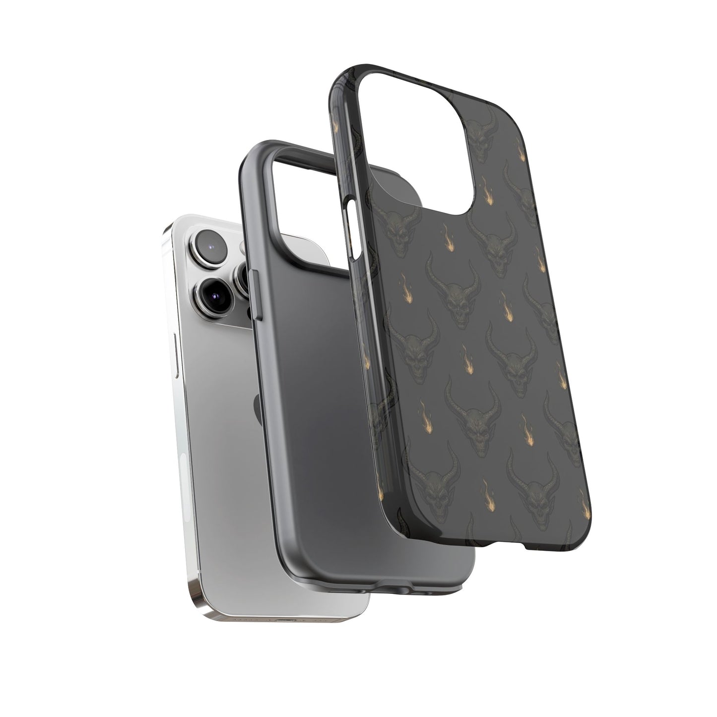 Dark Skull Pattern Phone Case — Gothic Bull Skull with Tiny Flame Accent