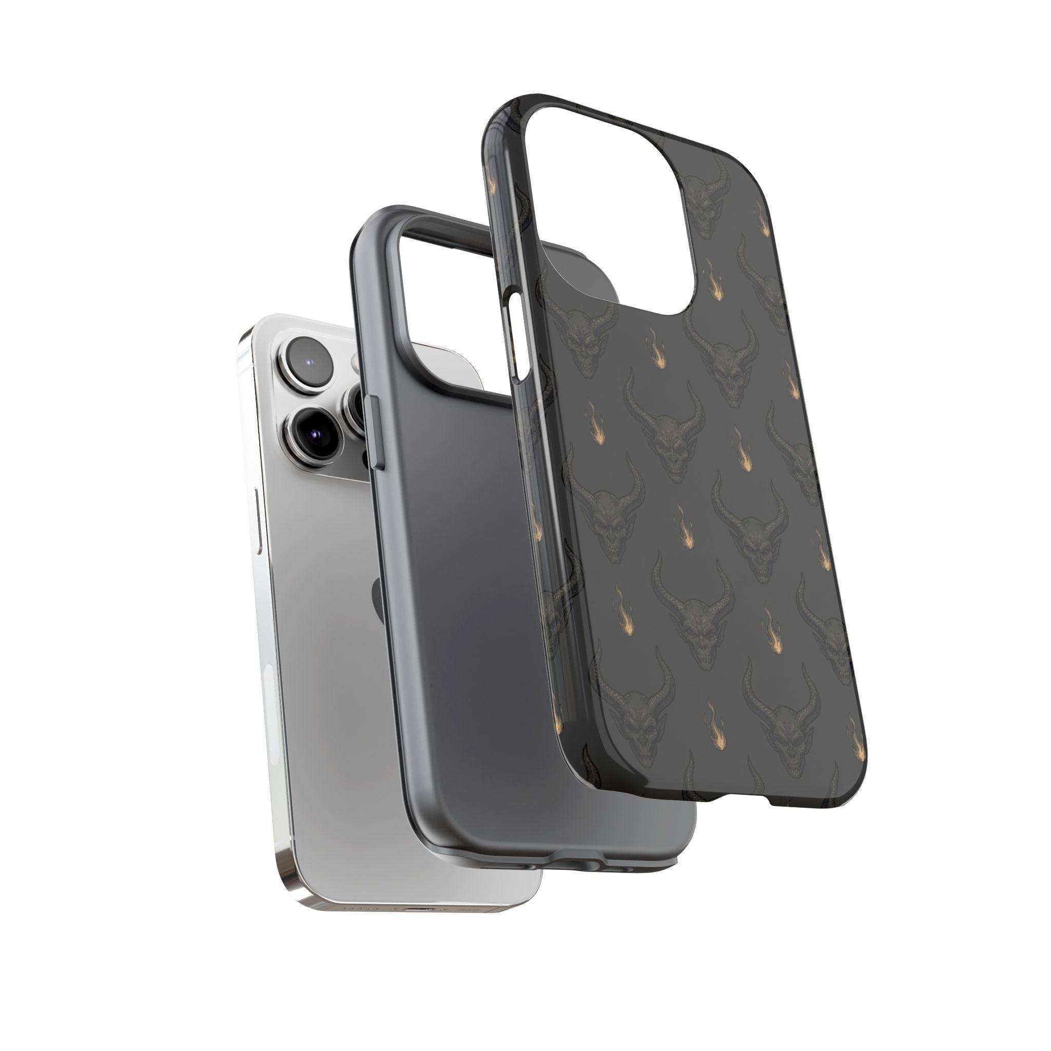 Dark Skull Pattern Phone Case — Gothic Bull Skull with Tiny Flame Accent