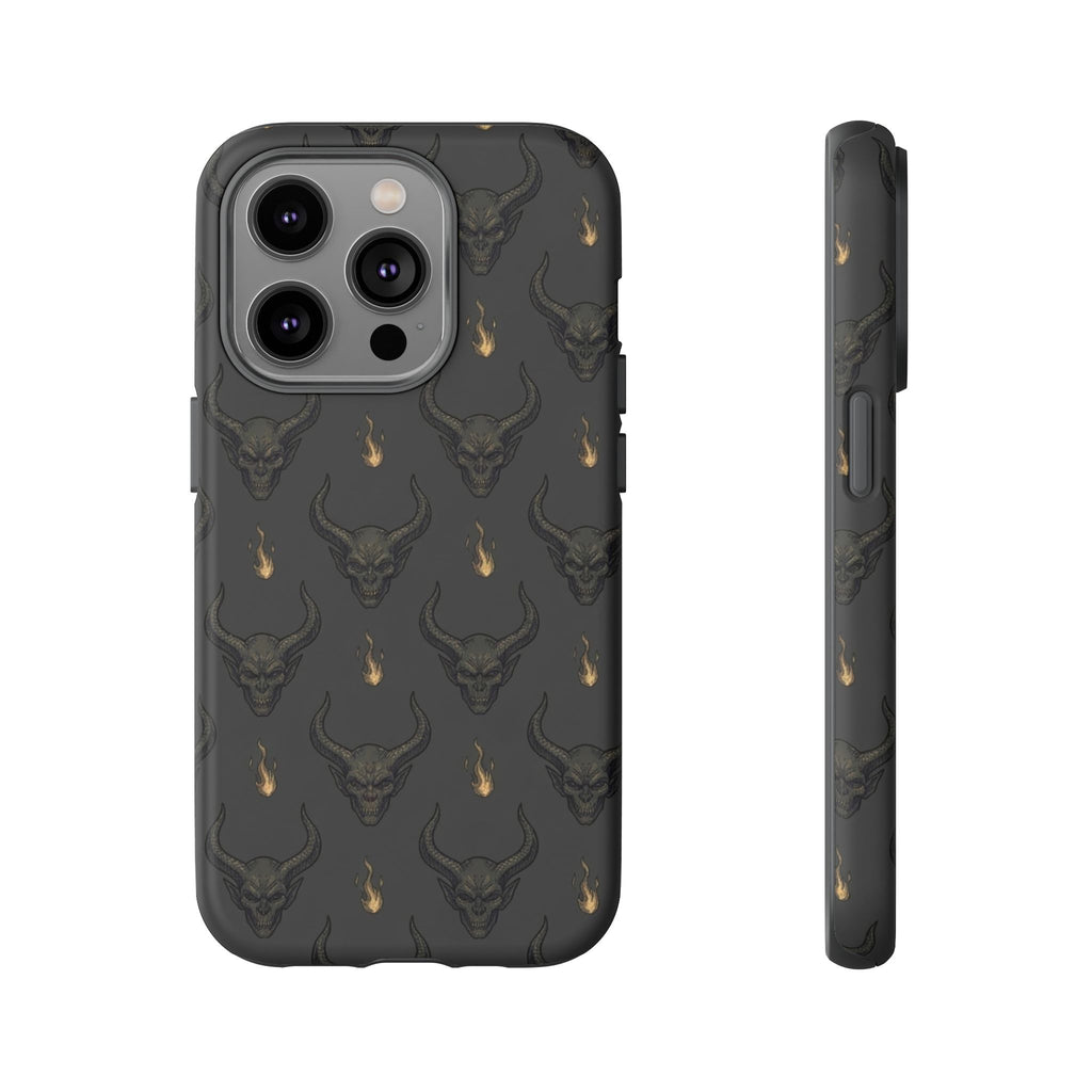 Dark Skull Pattern Phone Case — Gothic Bull Skull with Tiny Flame Accent