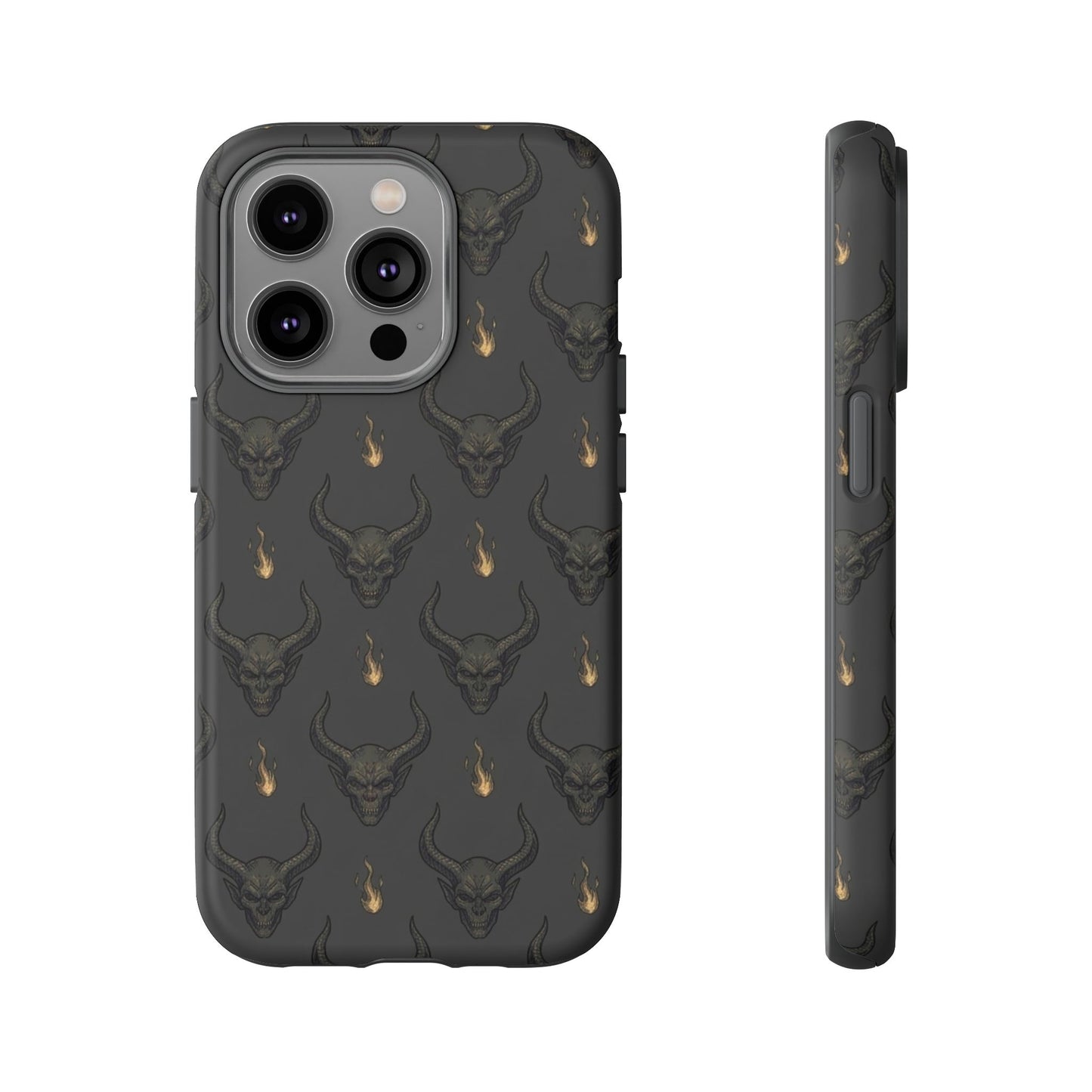 Dark Skull Pattern Phone Case — Gothic Bull Skull with Tiny Flame Accent