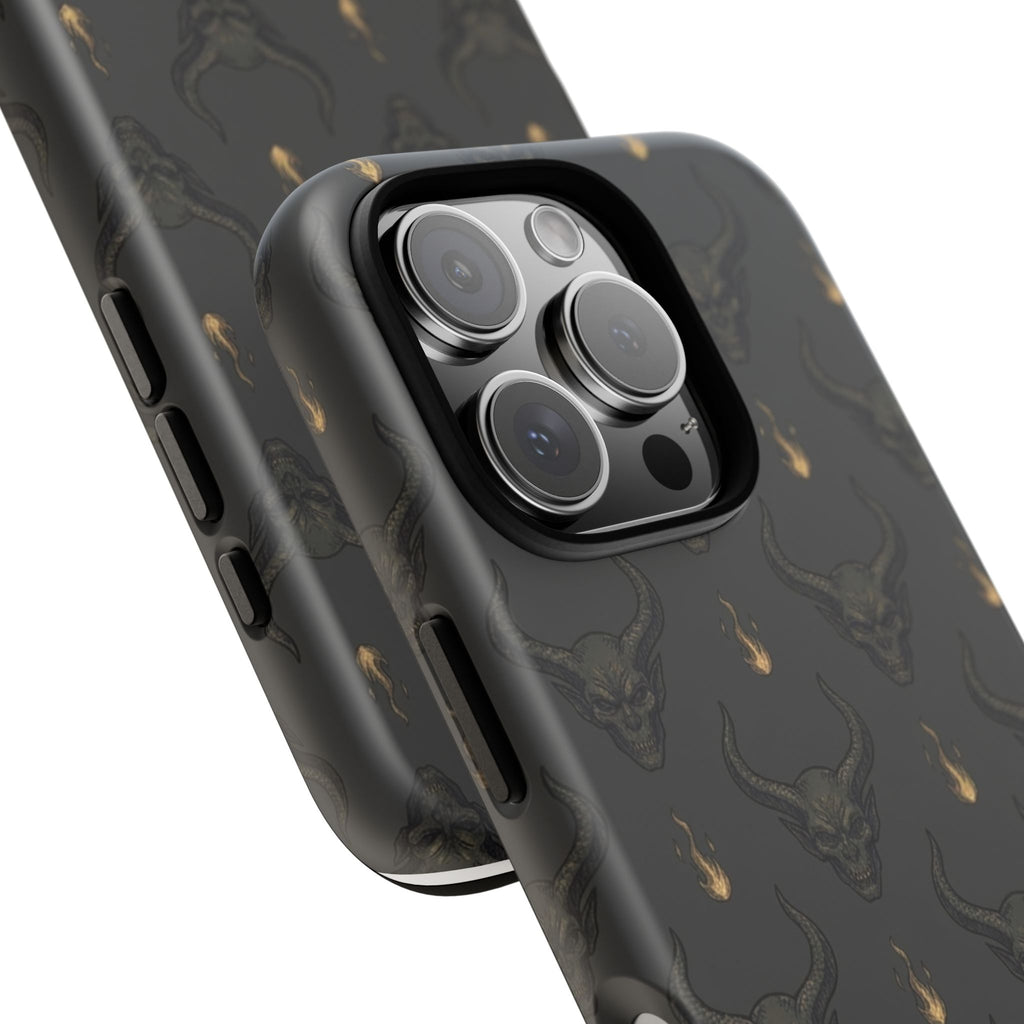 Dark Skull Pattern Phone Case — Gothic Bull Skull with Tiny Flame Accent
