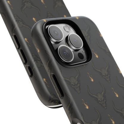 Dark Skull Pattern Phone Case — Gothic Bull Skull with Tiny Flame Accent