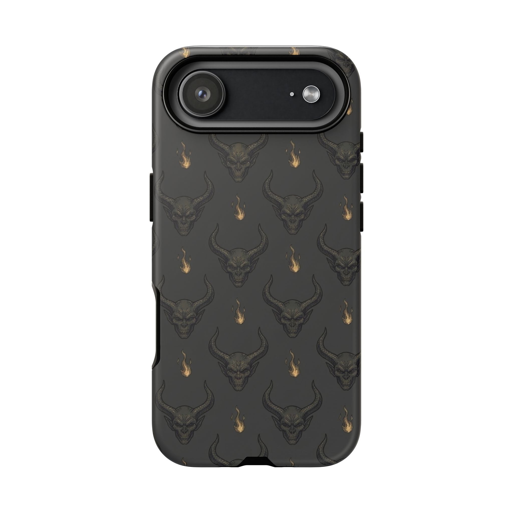 Dark Skull Pattern Phone Case — Gothic Bull Skull with Tiny Flame Accent