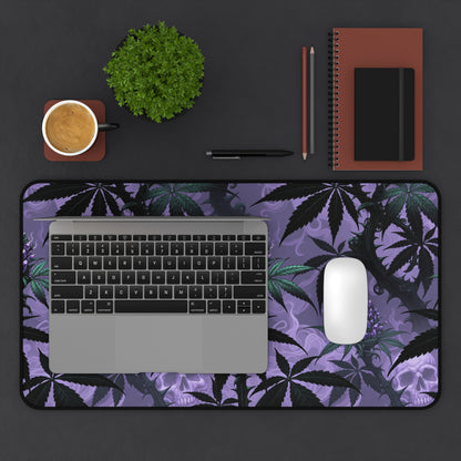 Purple Cannabis Leaf Desk Mat — Gothic Skull & Bud Gaming Mouse Pad