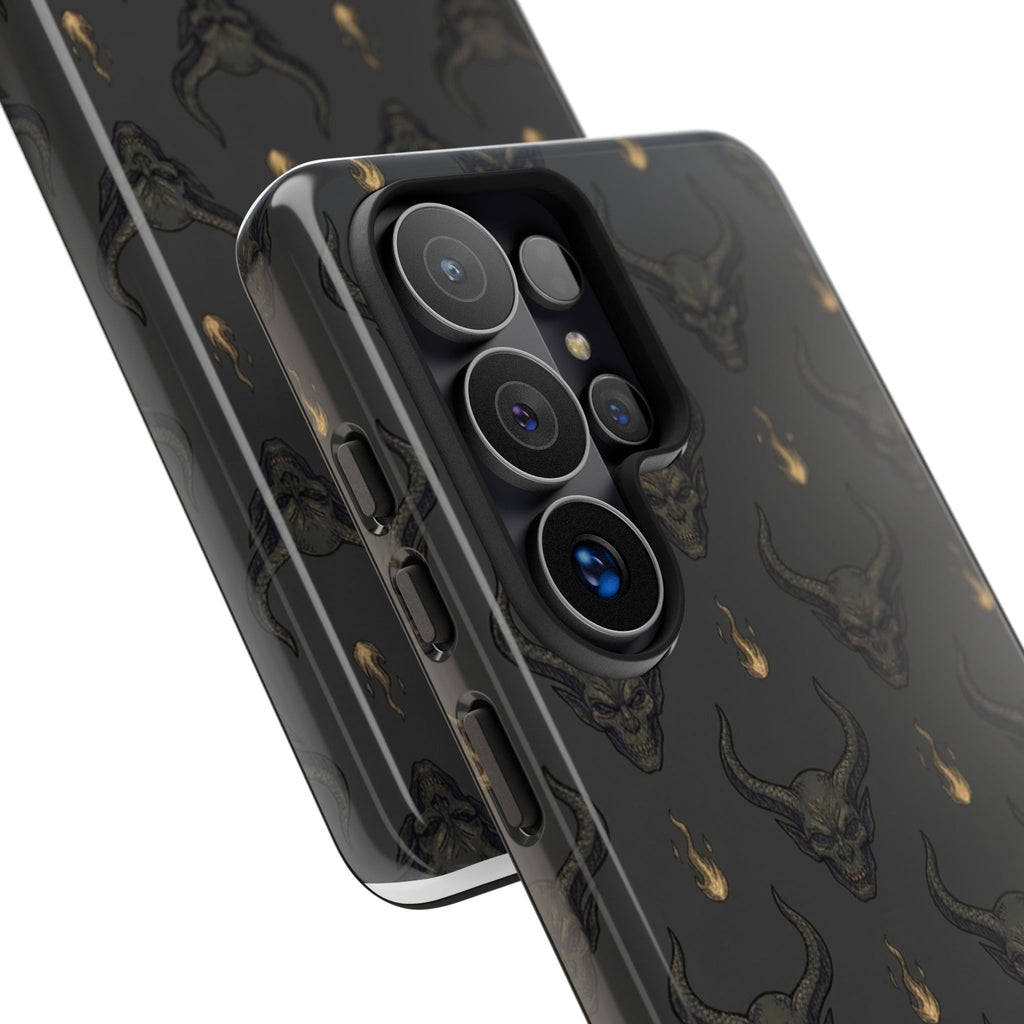 Dark Skull Pattern Phone Case — Gothic Bull Skull with Tiny Flame Accent