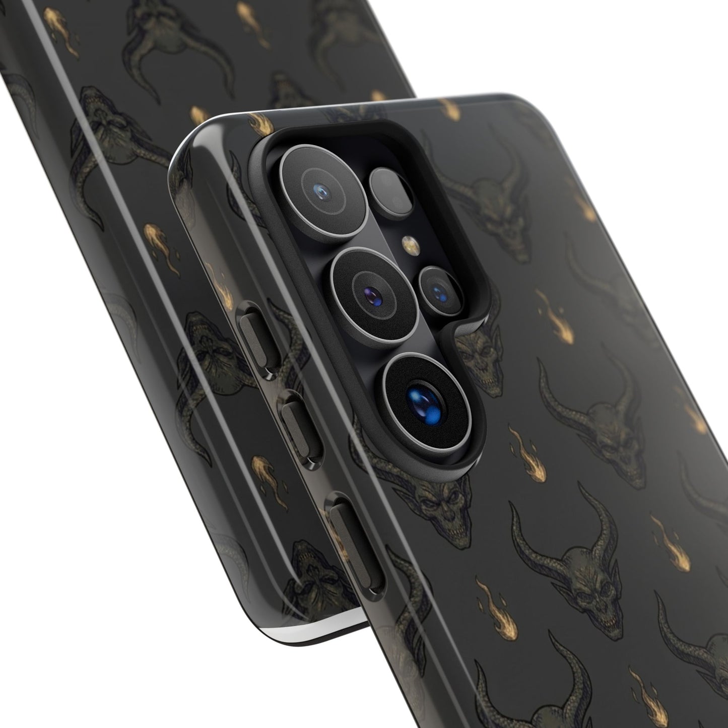 Dark Skull Pattern Phone Case — Gothic Bull Skull with Tiny Flame Accent