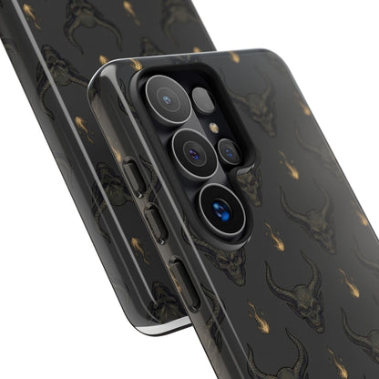 Dark Skull Pattern Phone Case — Gothic Bull Skull with Tiny Flame Accent