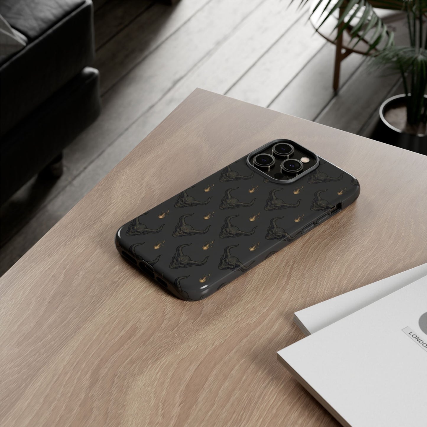 Dark Skull Pattern Phone Case — Gothic Bull Skull with Tiny Flame Accent