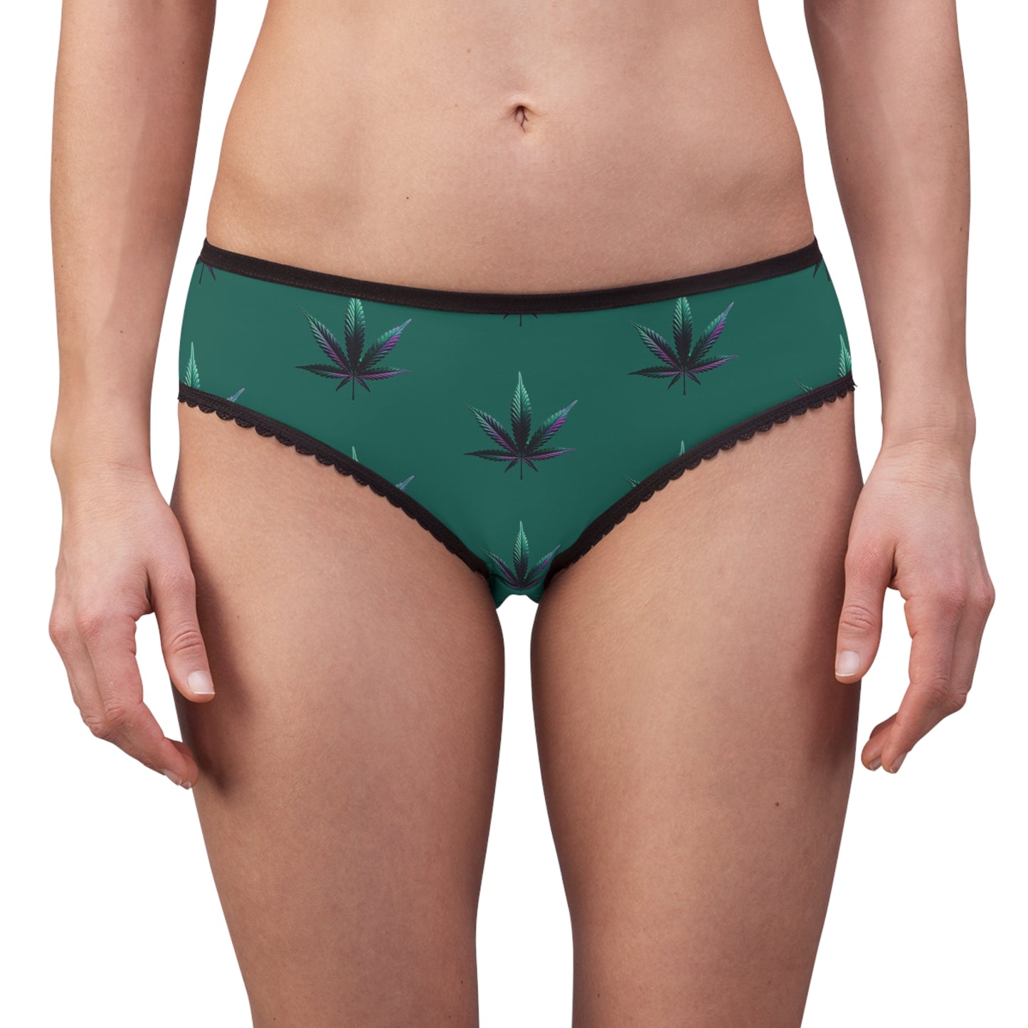 Cannabis Leaf Women's Briefs — Green All-Over Print Lace-Trim Panties
