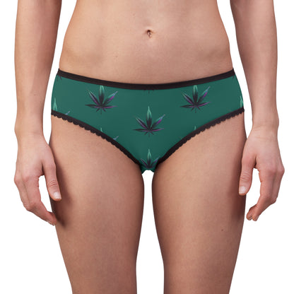 Cannabis Leaf Women's Briefs — Green All-Over Print Lace-Trim Panties