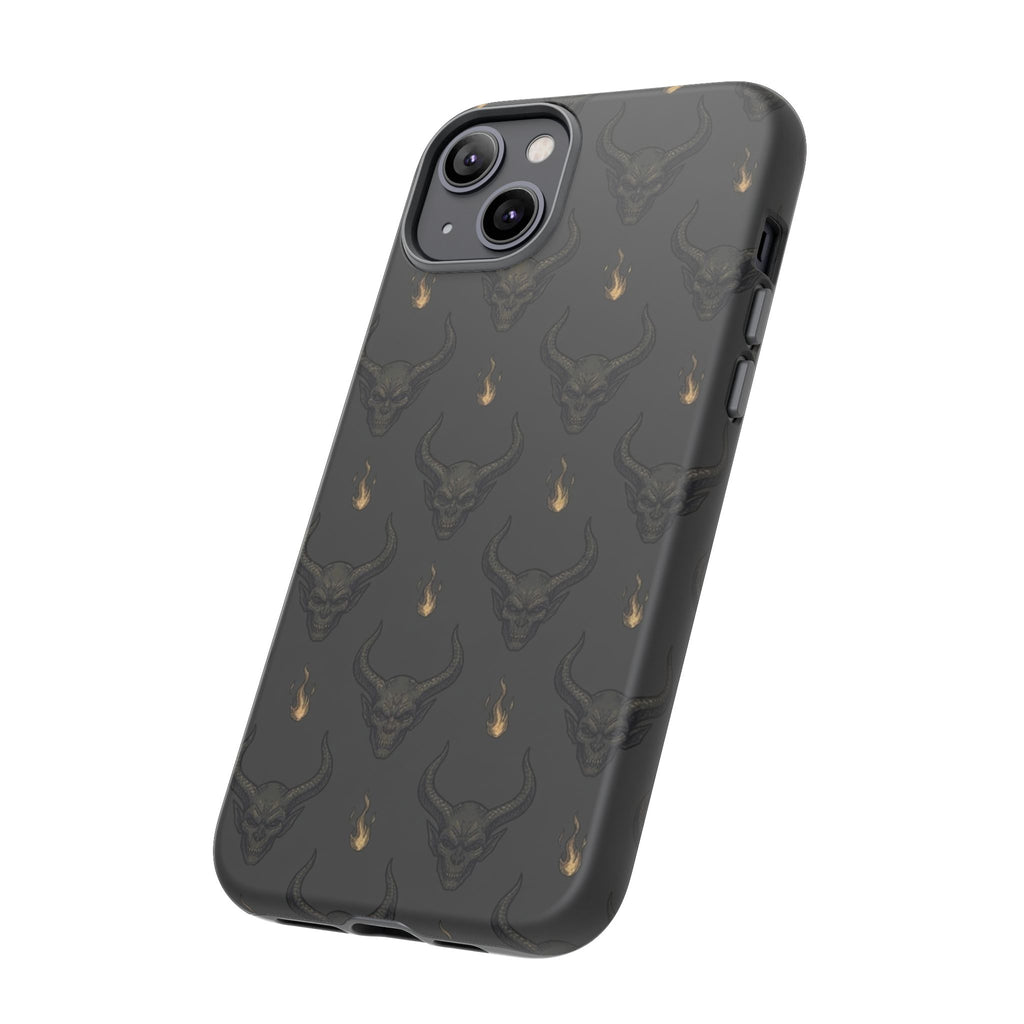 Dark Skull Pattern Phone Case — Gothic Bull Skull with Tiny Flame Accent