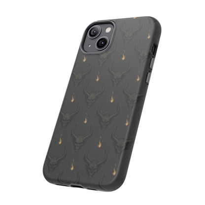 Dark Skull Pattern Phone Case — Gothic Bull Skull with Tiny Flame Accent