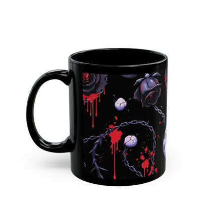 Gothic Moon & Bats Black Coffee Mug – Dark Rose, Chains & Dripping Blood Design (11oz/15oz)